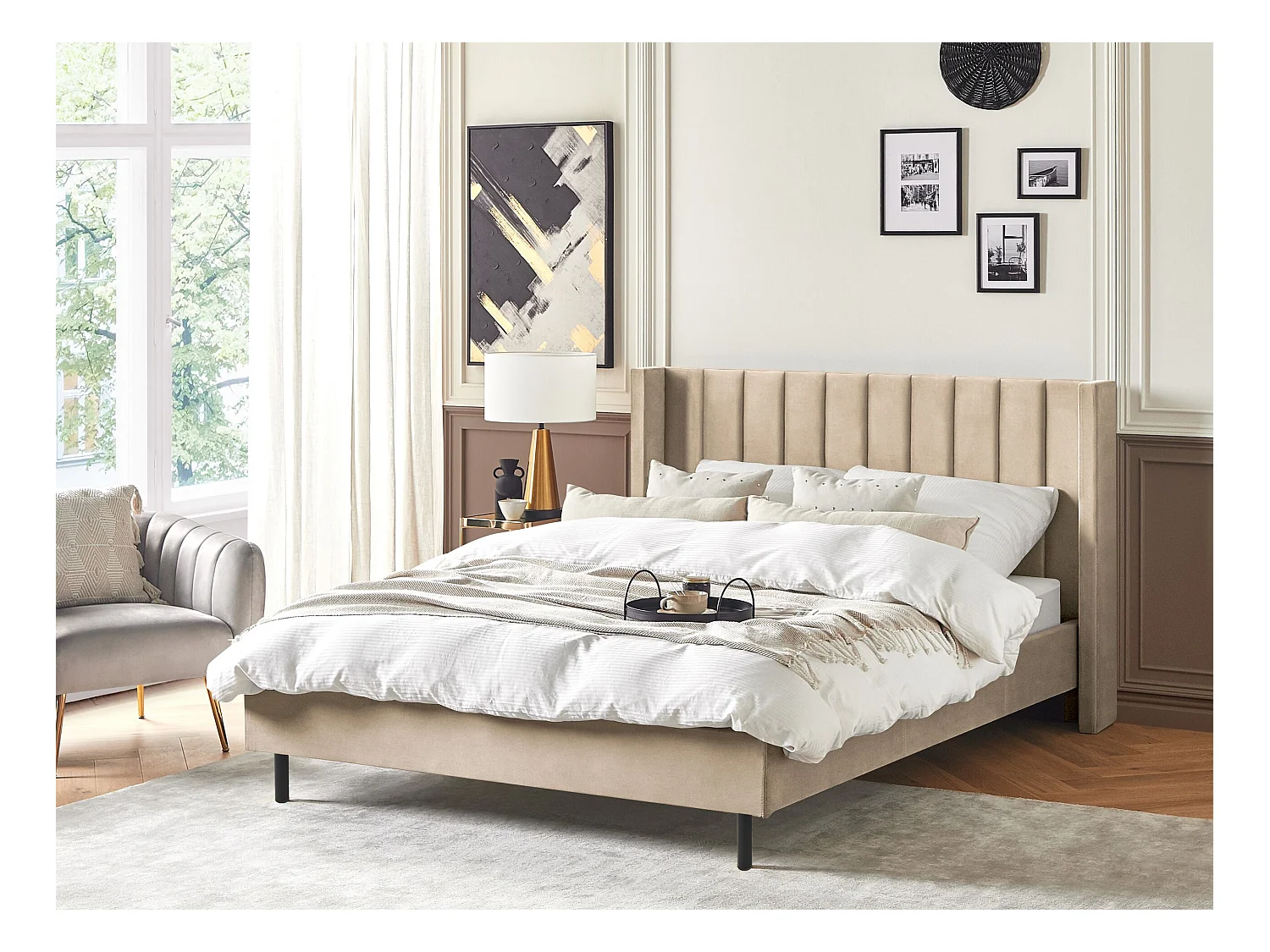 Lit avec sommier Velours VILLETTE 160 x 200 cm Beige