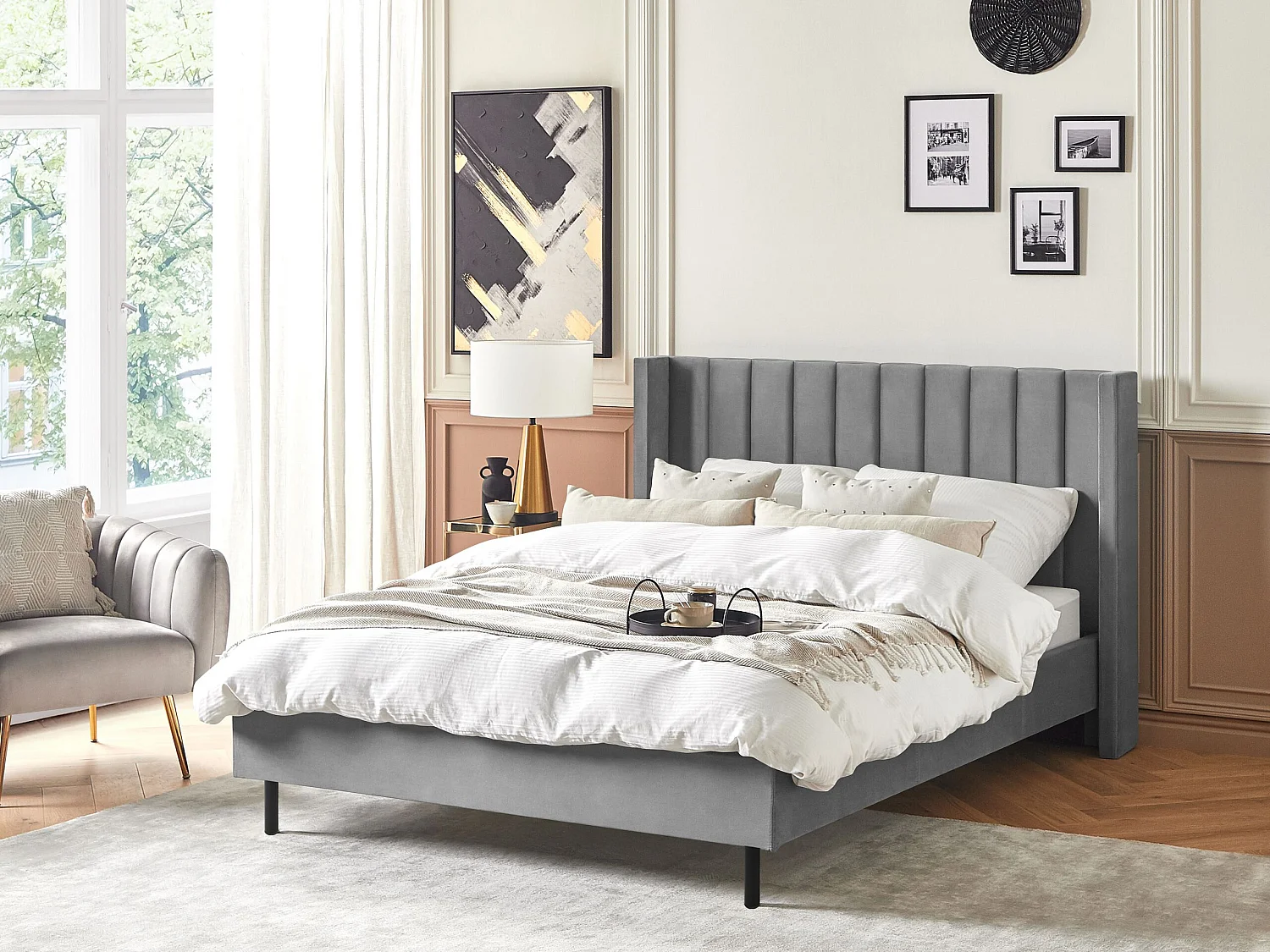 Lit avec sommier Velours VILLETTE 140 x 200 cm Gris