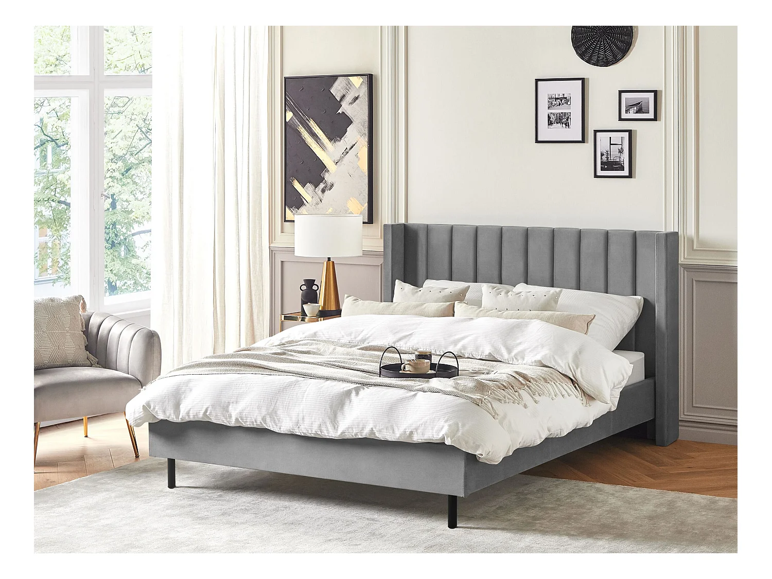 Lit avec sommier Velours VILLETTE 160 x 200 cm Gris
