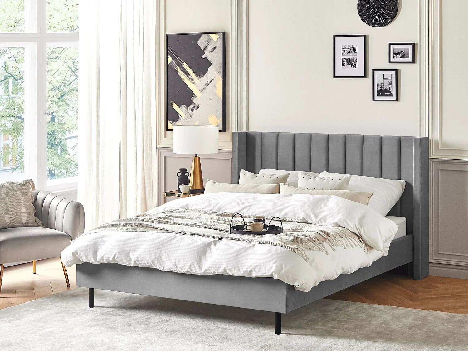 Lit avec sommier Velours VILLETTE 160 x 200 cm Gris