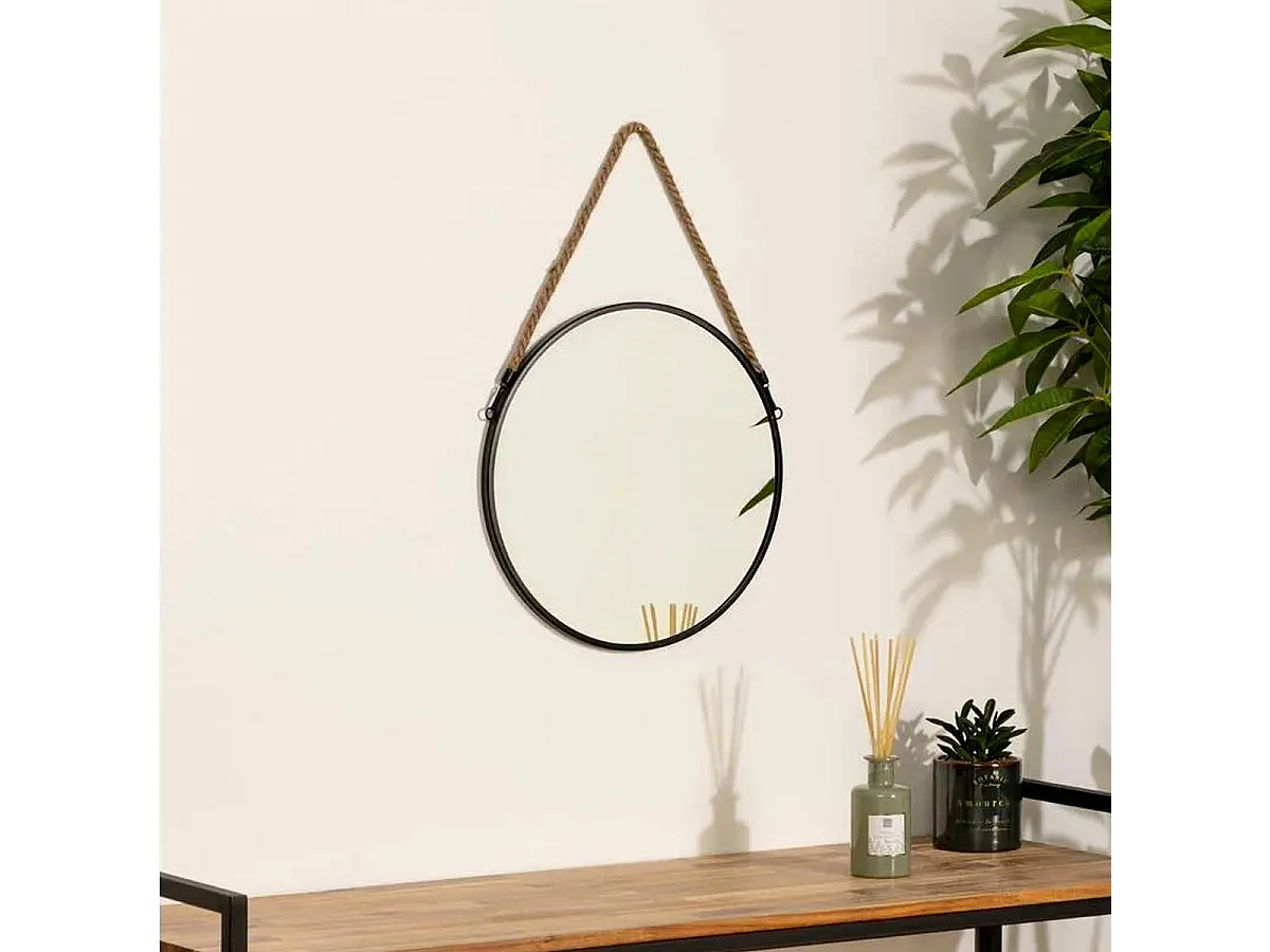Miroir mural en Métal Noir  avec corde D 37 cm