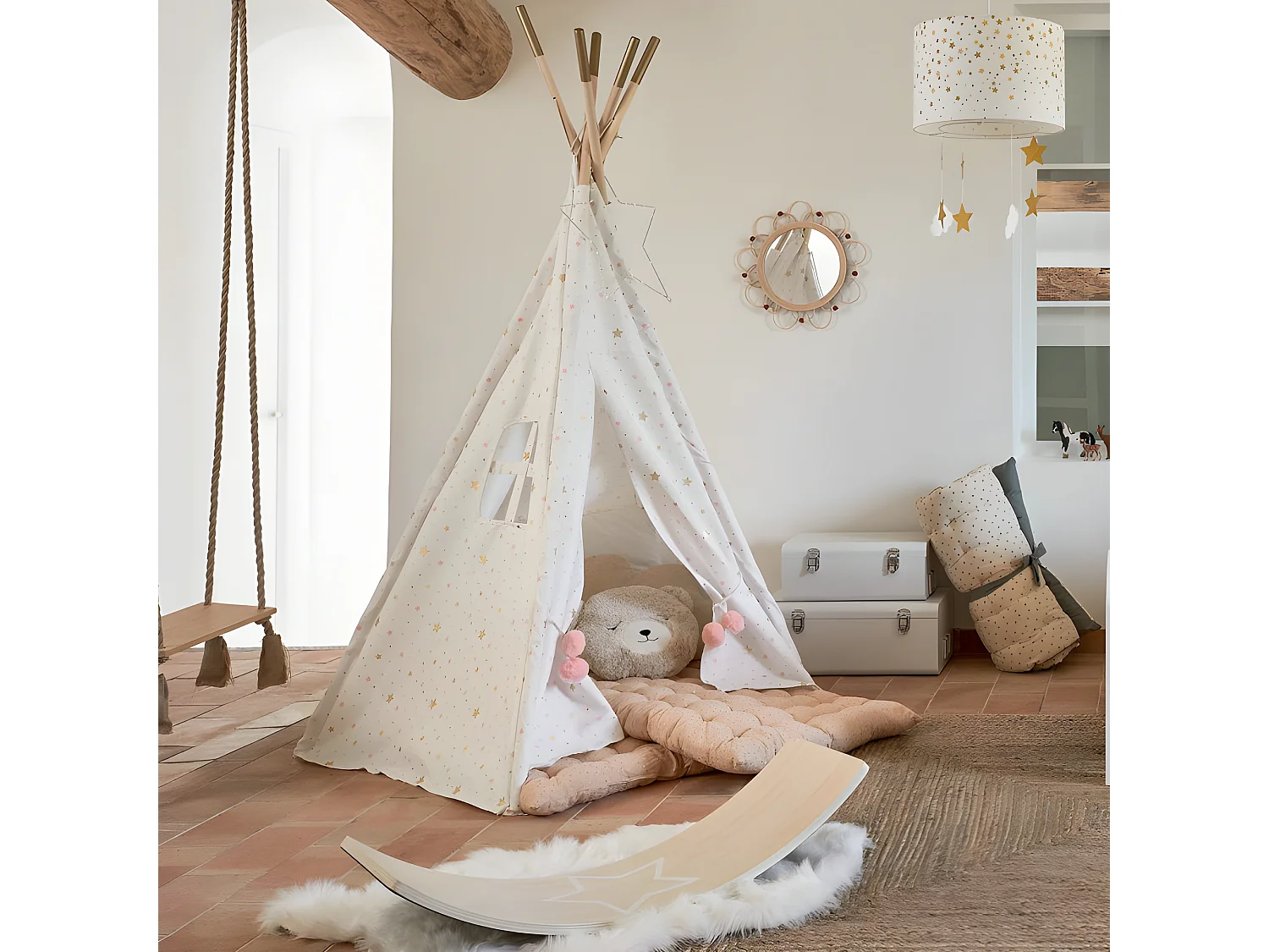 Miroir mural en rotin D 38 cm pour chambre d'enfant