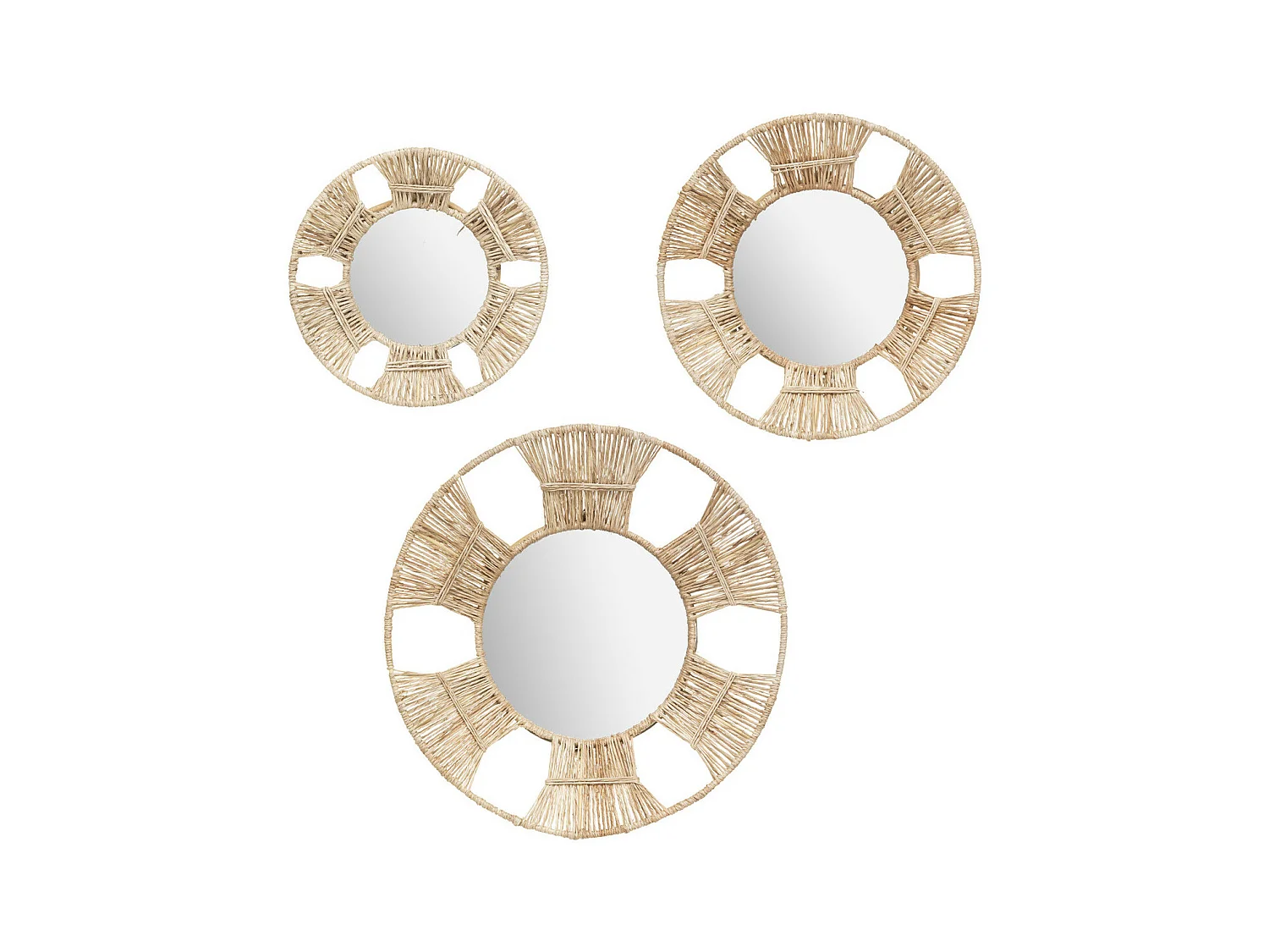 Lot de 3 Miroirs ronds en Métal et Jute D 31 D 25 et D 20 cm