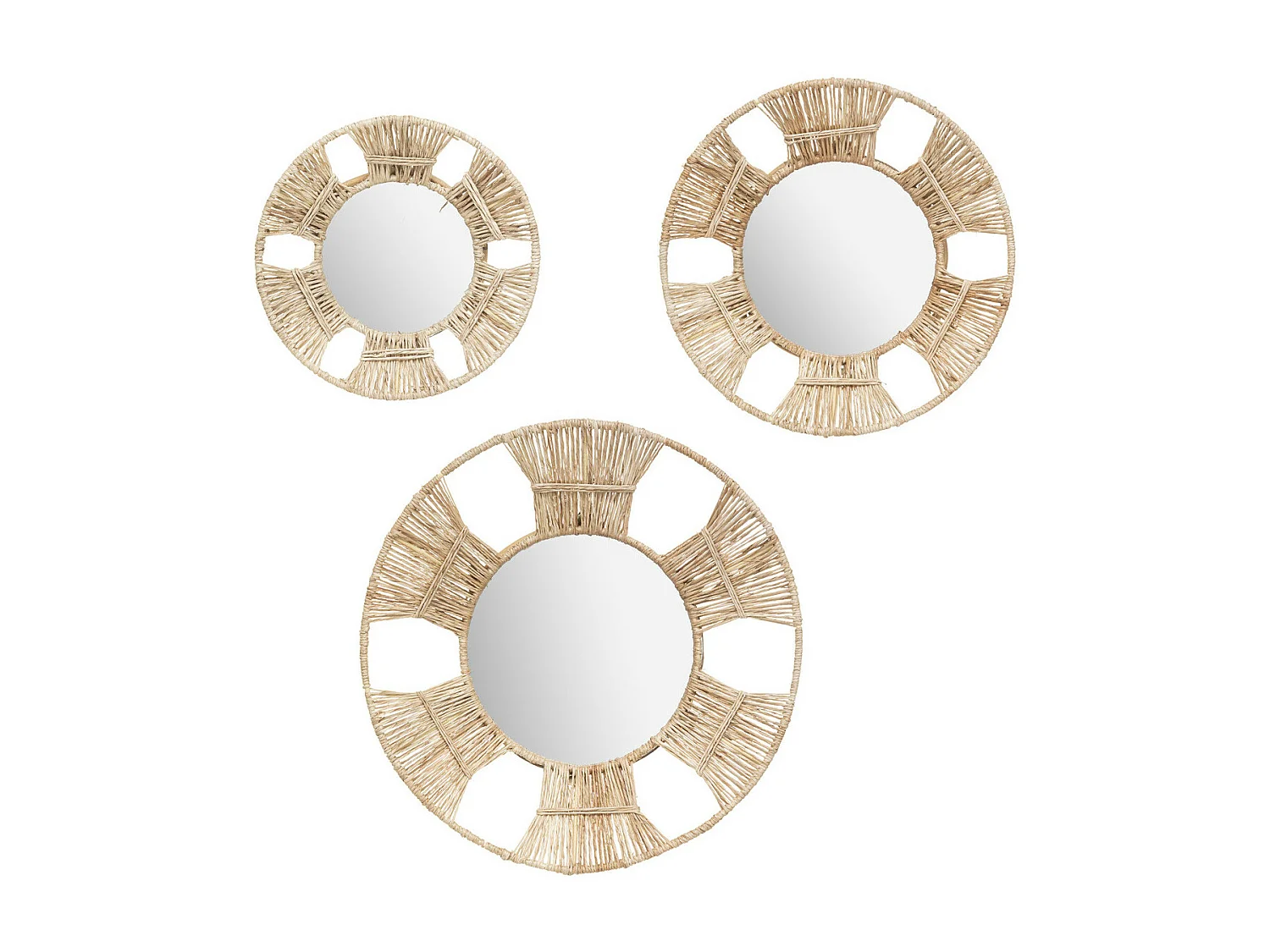Lot de 3 Miroirs ronds en Métal et Jute D 31 D 25 et D 20 cm