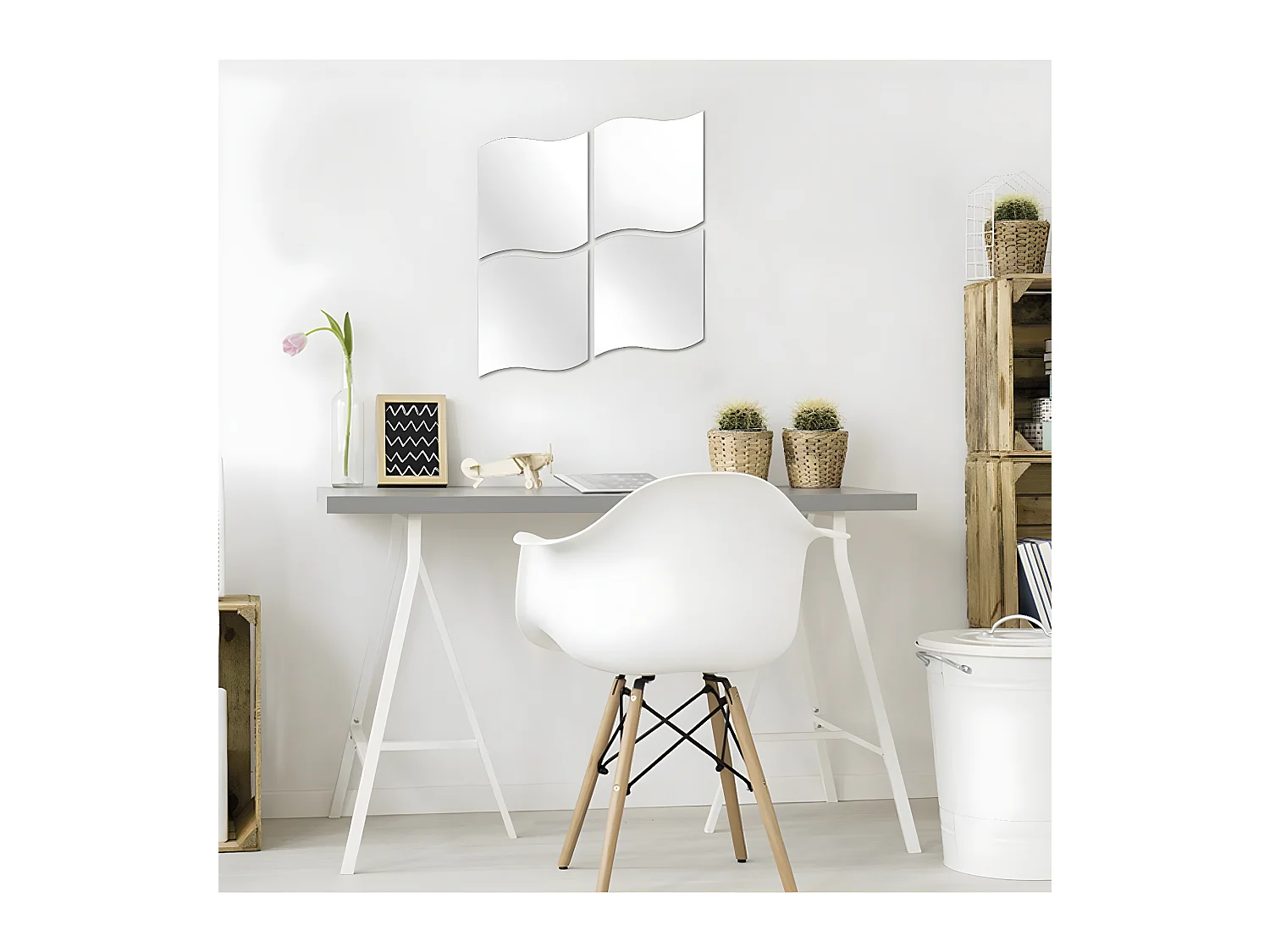 Lot de 4 Miroirs adhésifs Vagues en Verre 30 x 30 cm