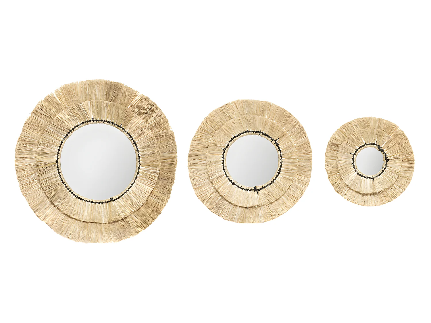 Lot de 3 Miroirs en Raphia et Verre
