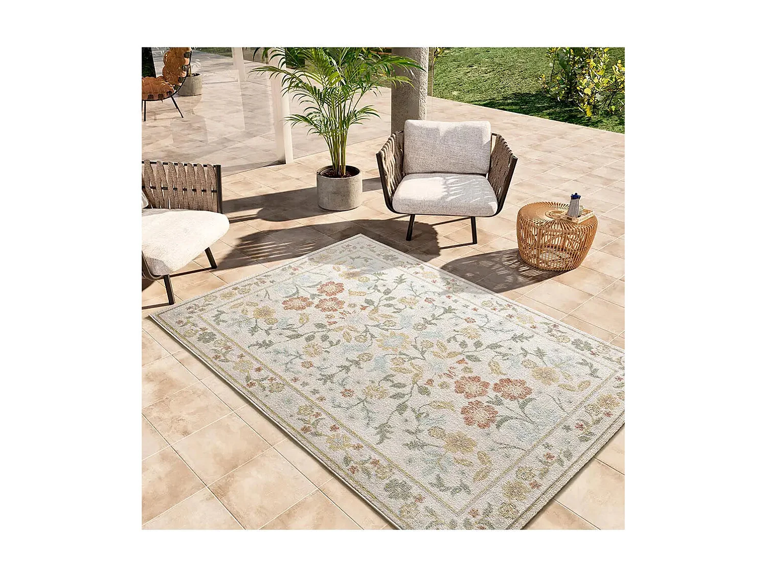 In- & Outdoor-Teppich - blumenmotive - beige / mehrfarbig - 200x290 cm - SAMARA