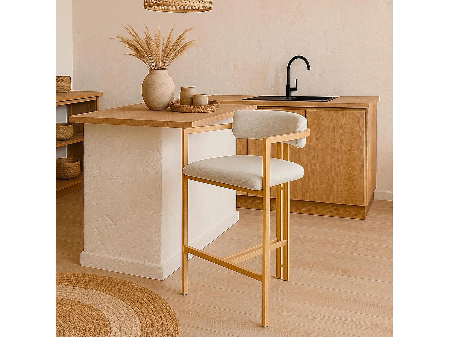 Lot de 2 chaises de bar design Galilea Métal Effet bois clair et Tissu Beige