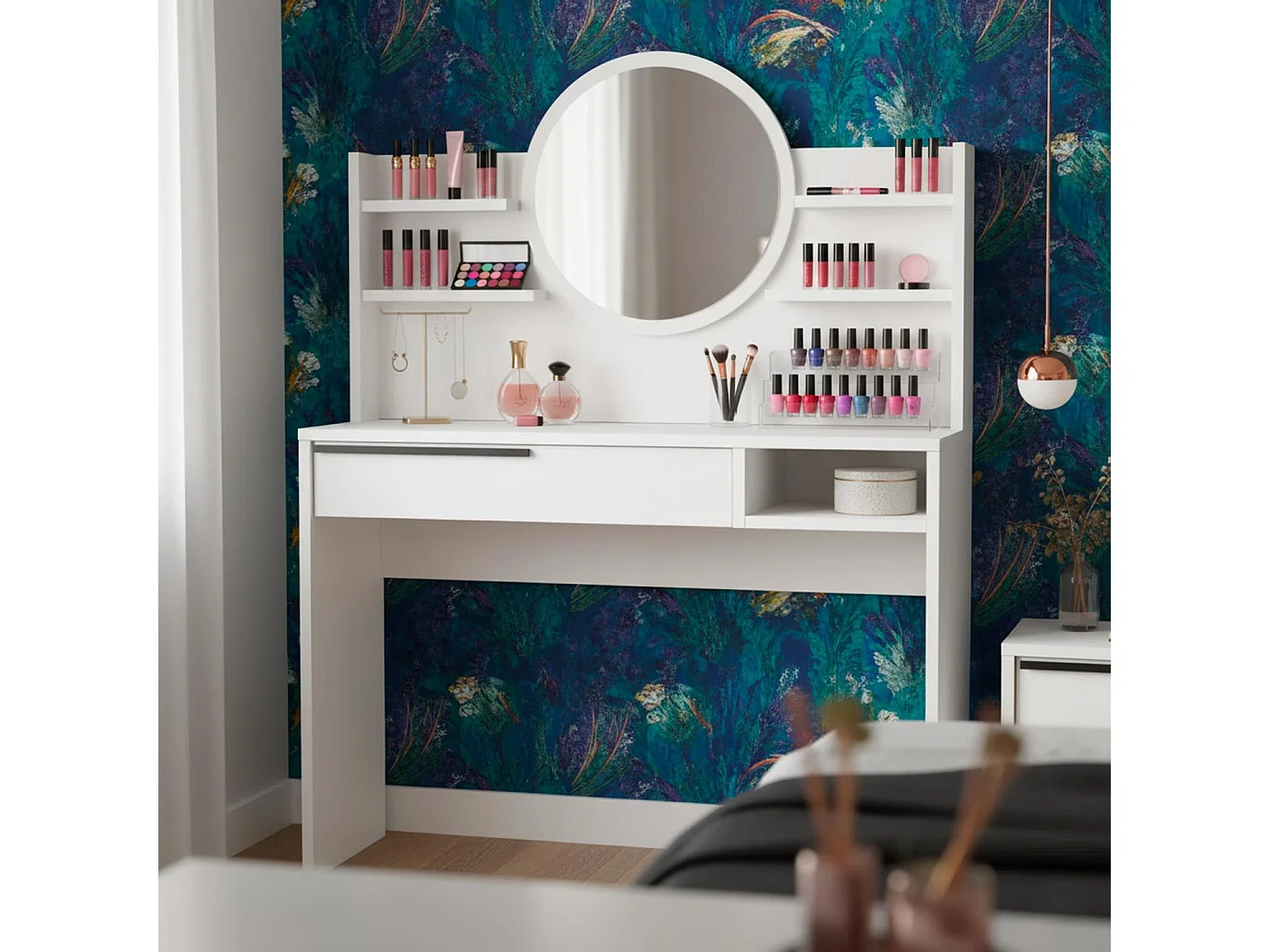 Coiffeuse à tiroir L100cm avec étagères et miroir rond Onara Blanc