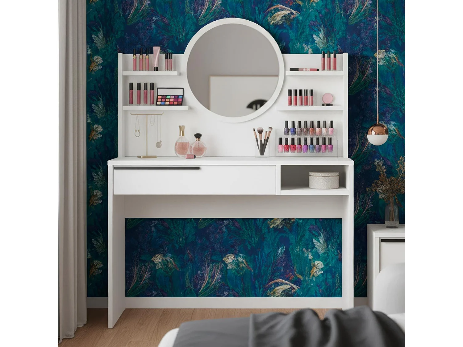 Coiffeuse à tiroir L100cm avec étagères et miroir rond Onara Blanc