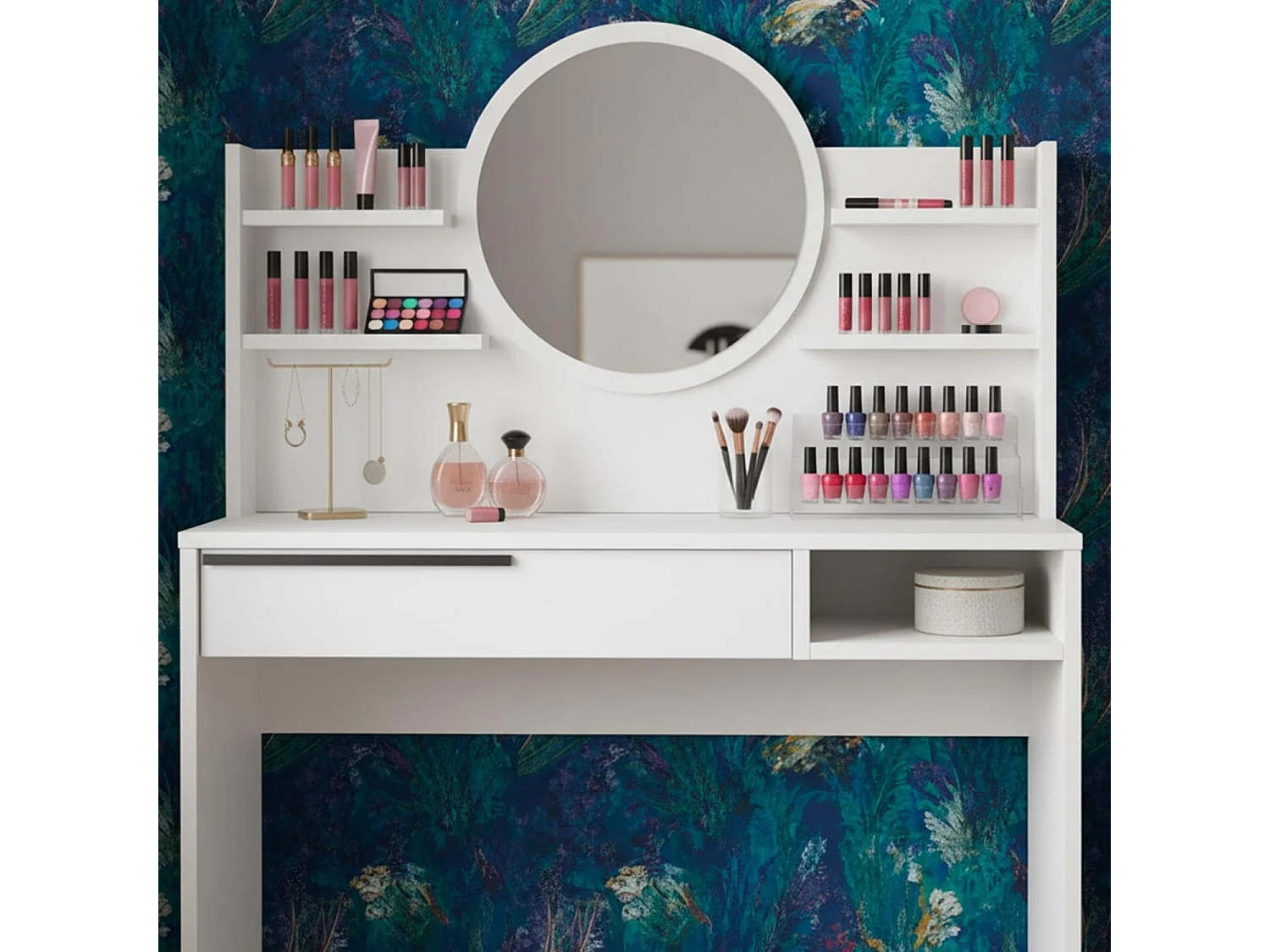 Coiffeuse à tiroir L100cm avec étagères et miroir rond Onara Blanc