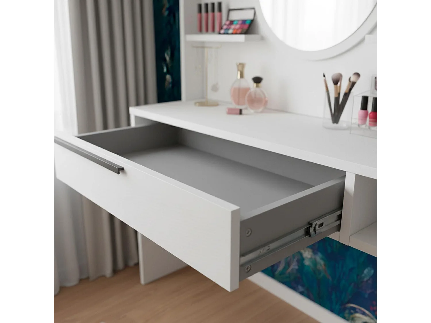 Coiffeuse à tiroir L100cm avec étagères et miroir rond Onara Blanc