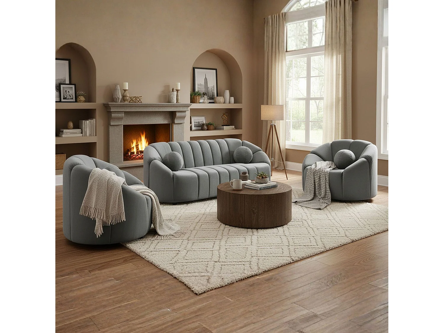 Canapé 3 places design Sidonie Velours Gris