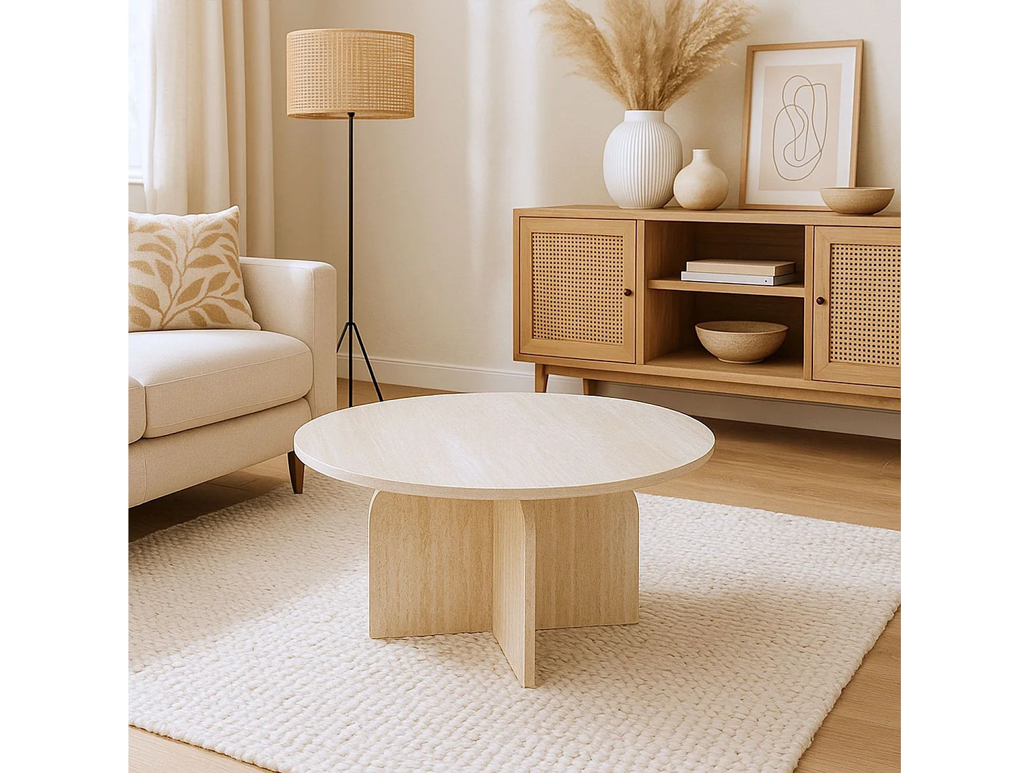 Table basse ronde élégante 80cm Calyptus Effet travertin Beige