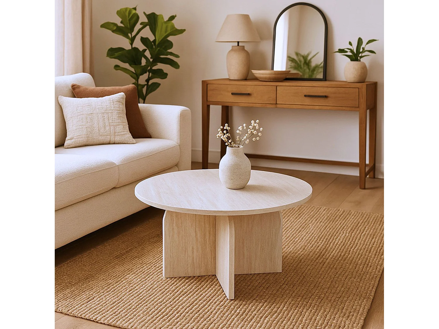 Table basse ronde élégante 80cm Calyptus Effet travertin Beige