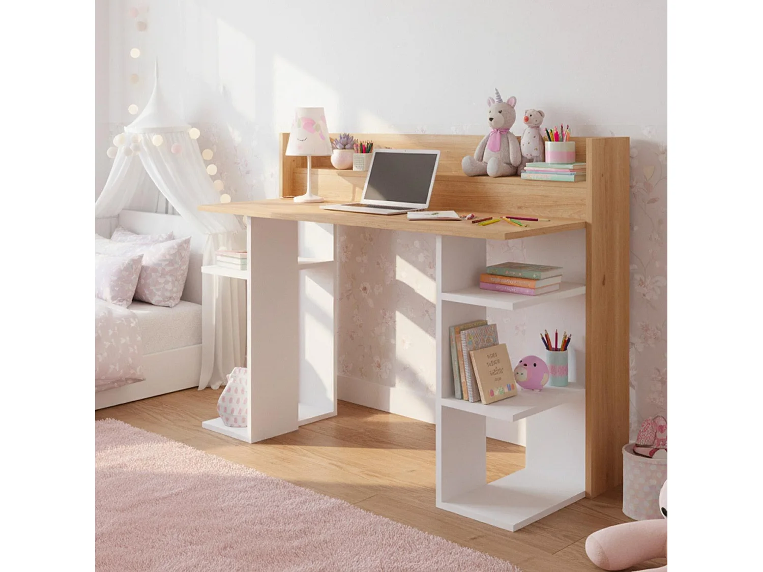 Bureau design à étagères Vrecto L124cm Bois et Blanc