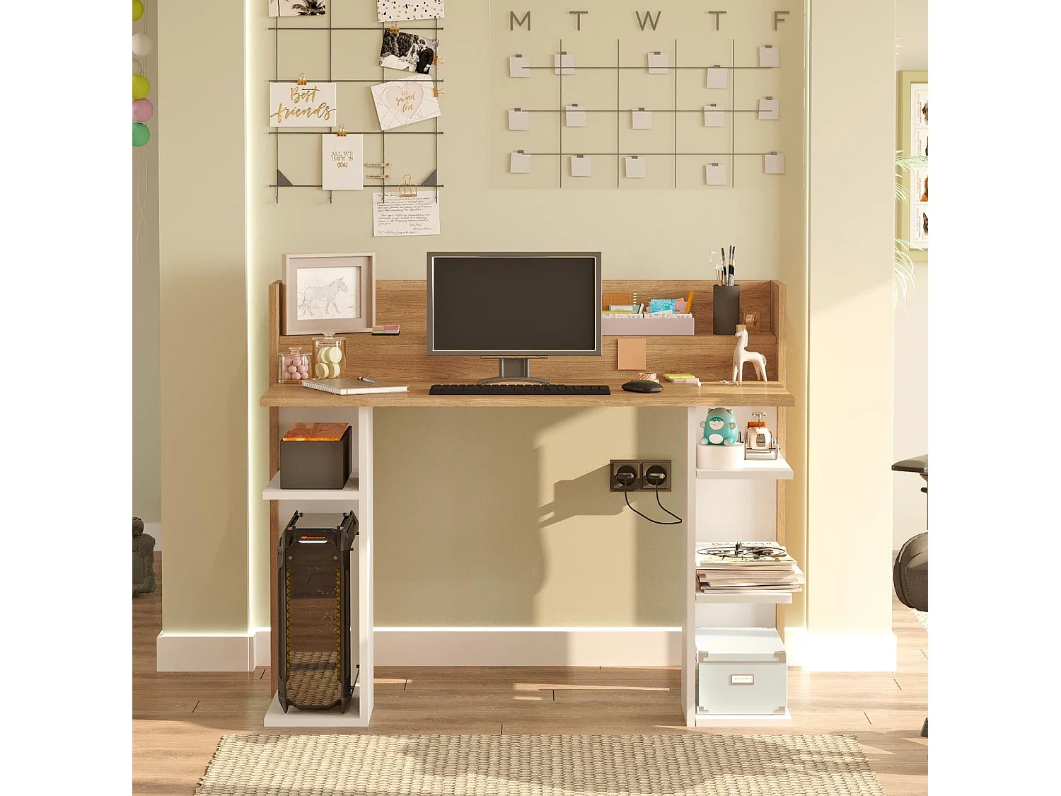 Bureau design à étagères Vrecto L124cm Bois et Blanc