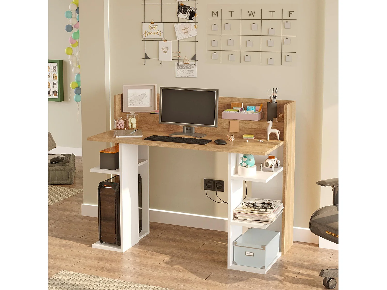 Bureau design à étagères Vrecto L124cm Bois et Blanc