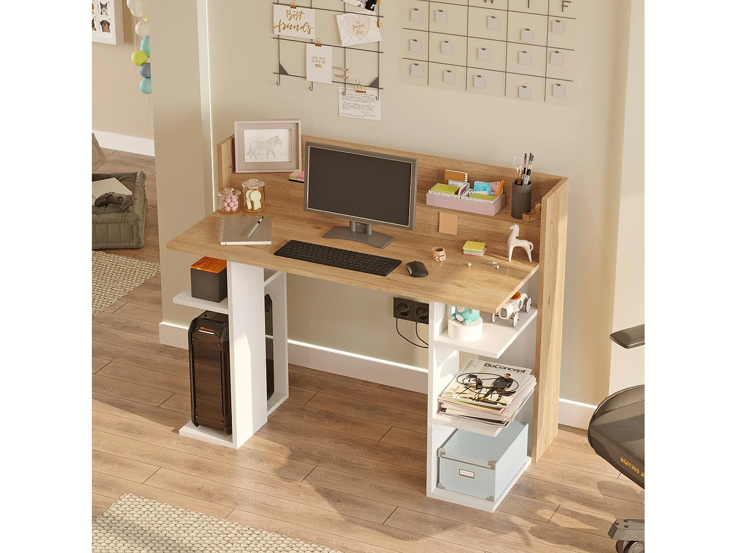 Bureau design à étagères Vrecto L124cm Bois et Blanc