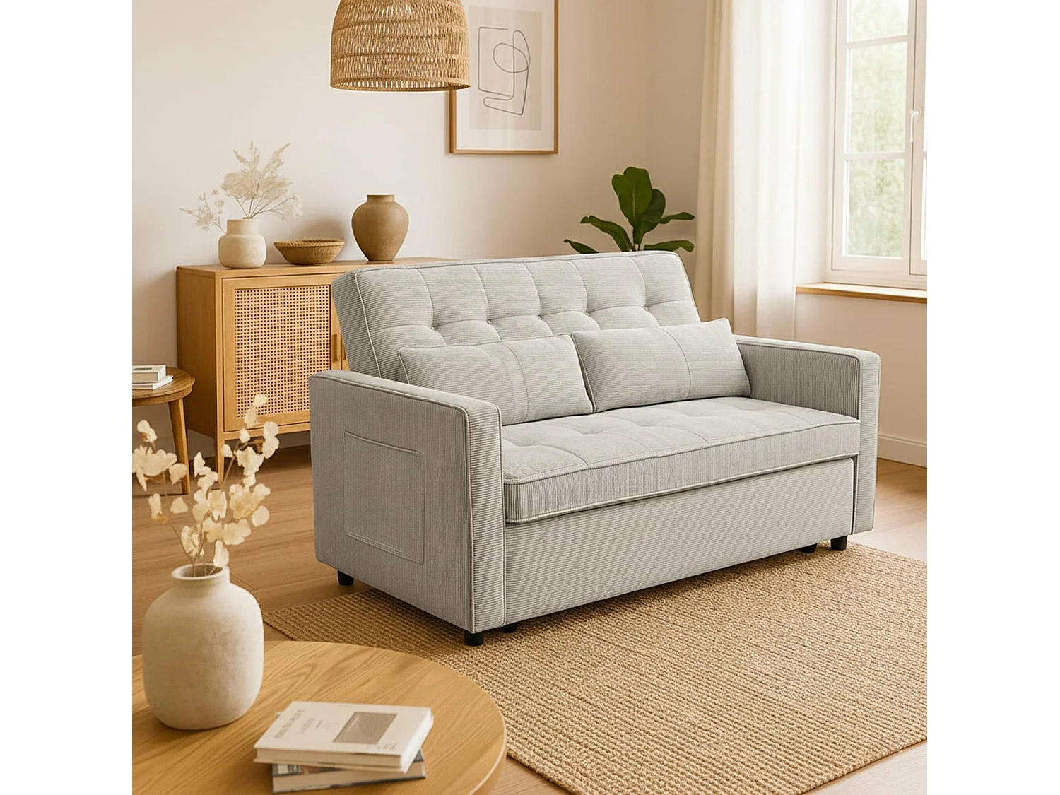 Canapé convertible 2 places Komaria Velours côtelé Taupe clair