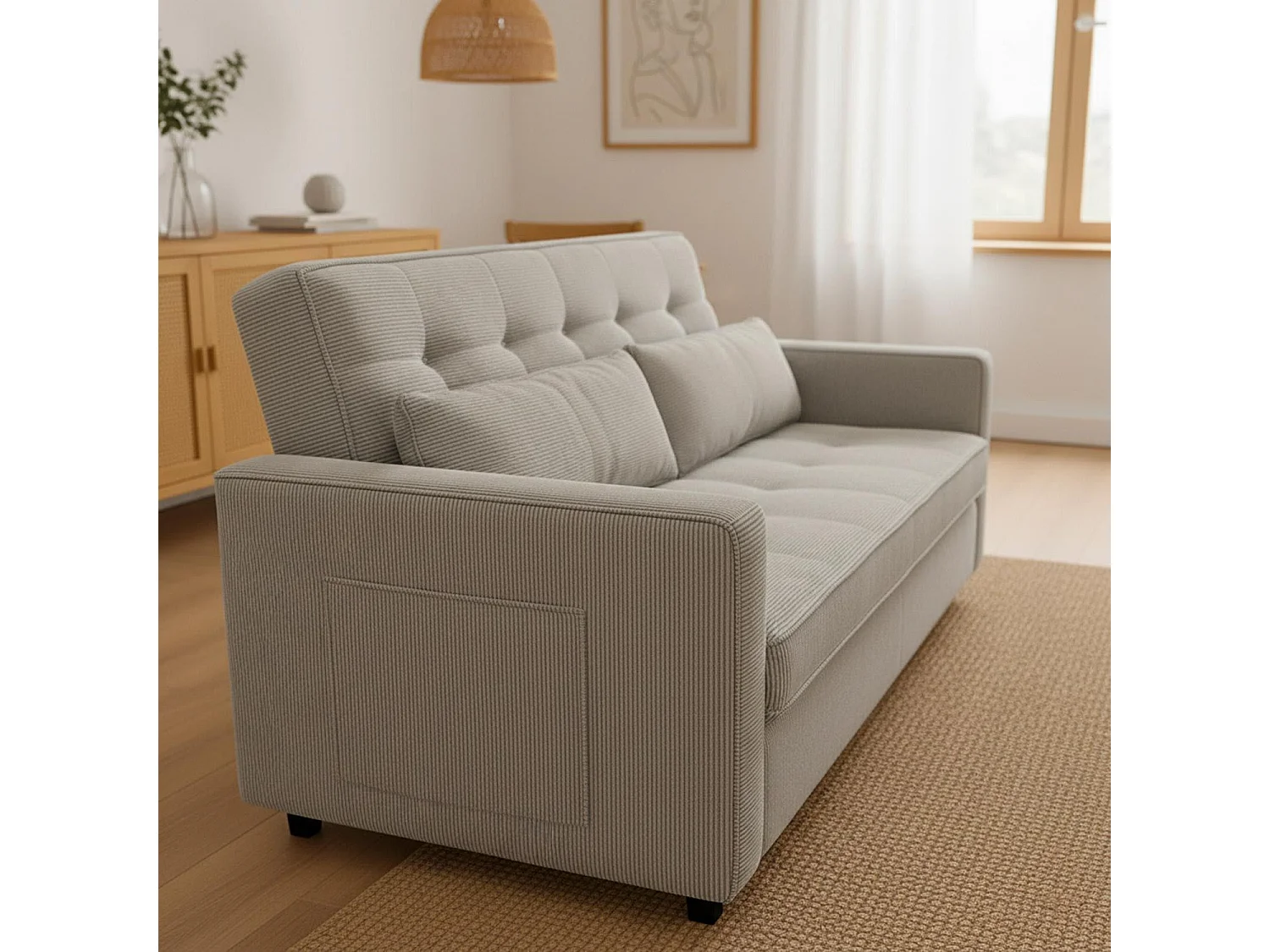 Canapé convertible 2 places Komaria Velours côtelé Taupe clair