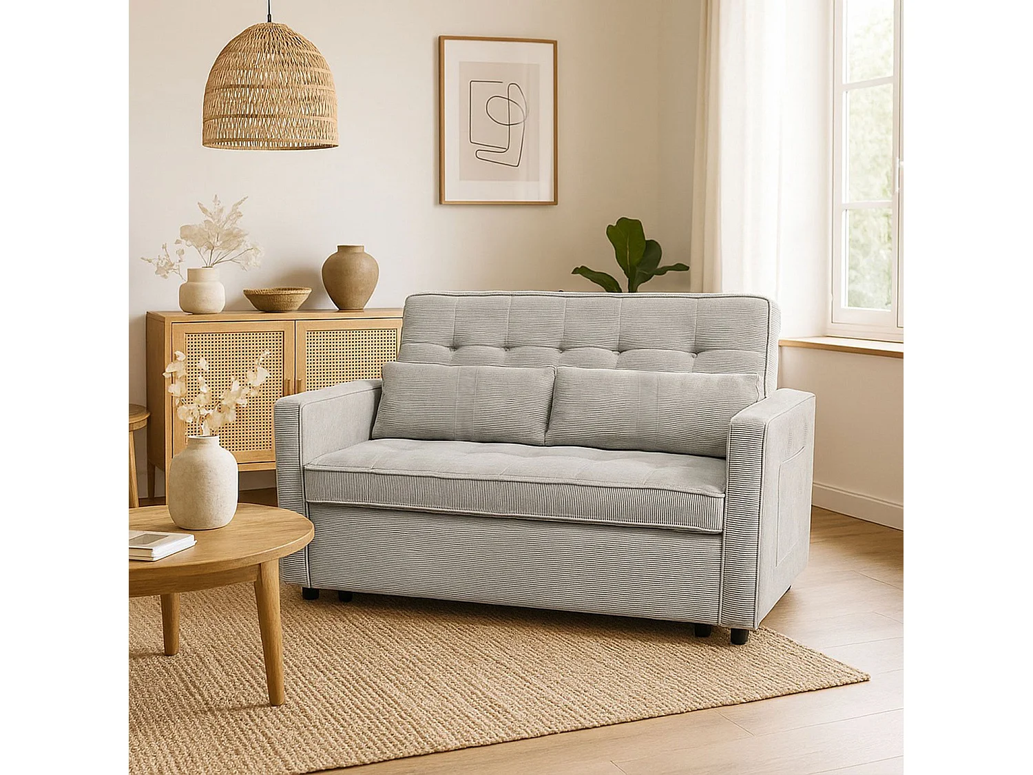 Canapé convertible 2 places Komaria Velours côtelé Taupe clair