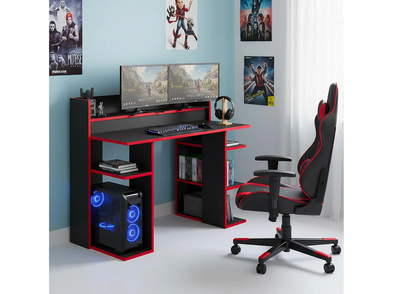 Bureau à étagères style gamer Vrecto L124cm Noir et Rouge