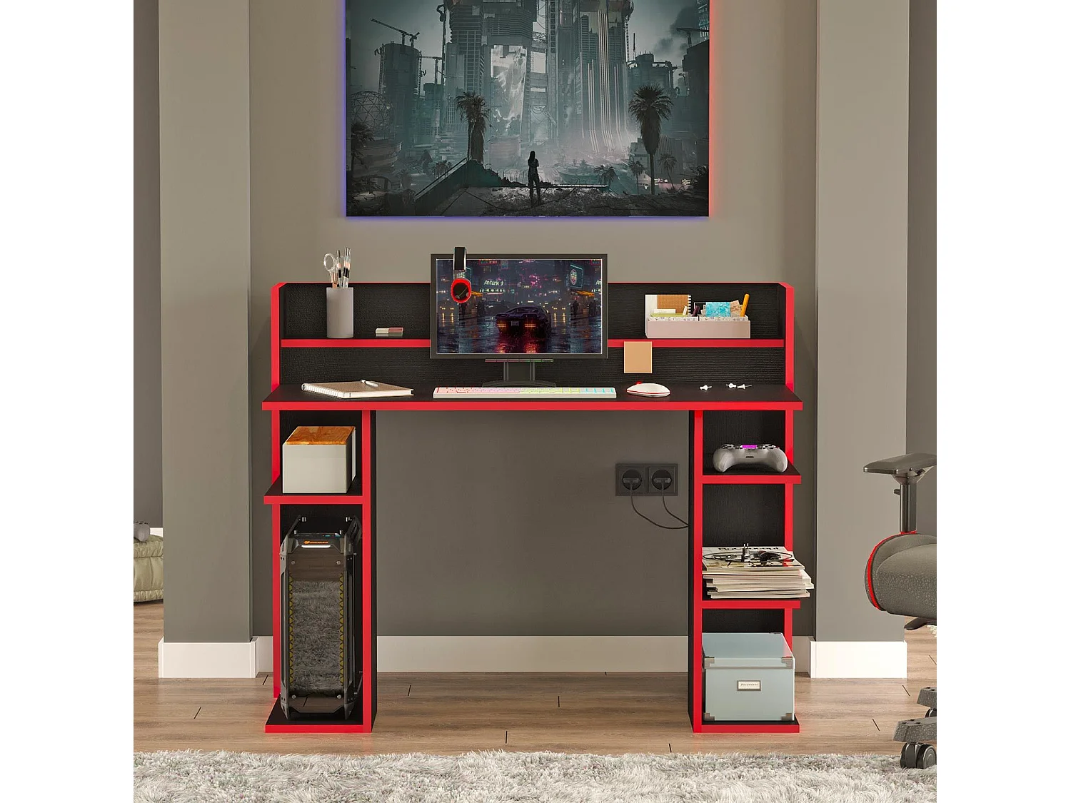 Bureau à étagères style gamer Vrecto L124cm Noir et Rouge