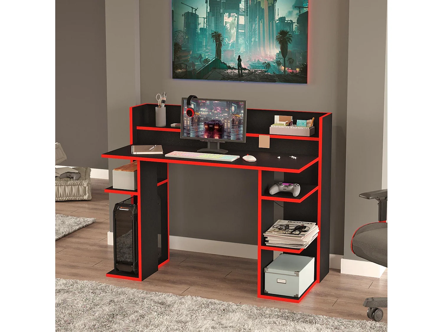 Bureau à étagères style gamer Vrecto L124cm Noir et Rouge