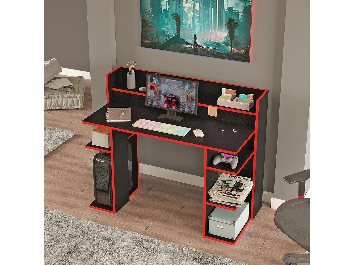Bureau à étagères style gamer Vrecto L124cm Noir et Rouge