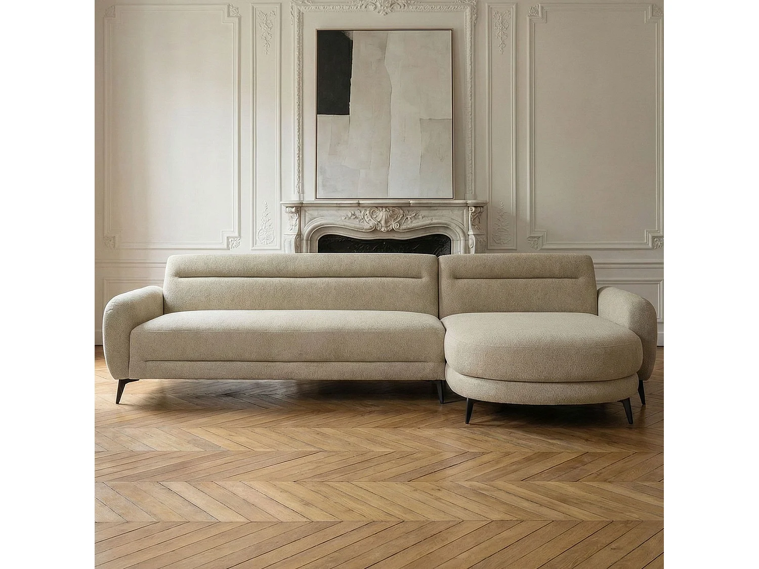 Canapé d'angle convertible avec méridienne arrondie Milord Tissu texturé taupe