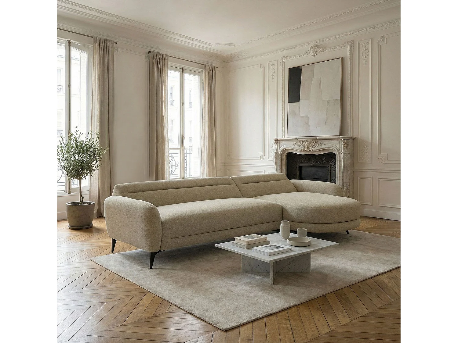 Canapé d'angle convertible avec méridienne arrondie Milord Tissu texturé taupe