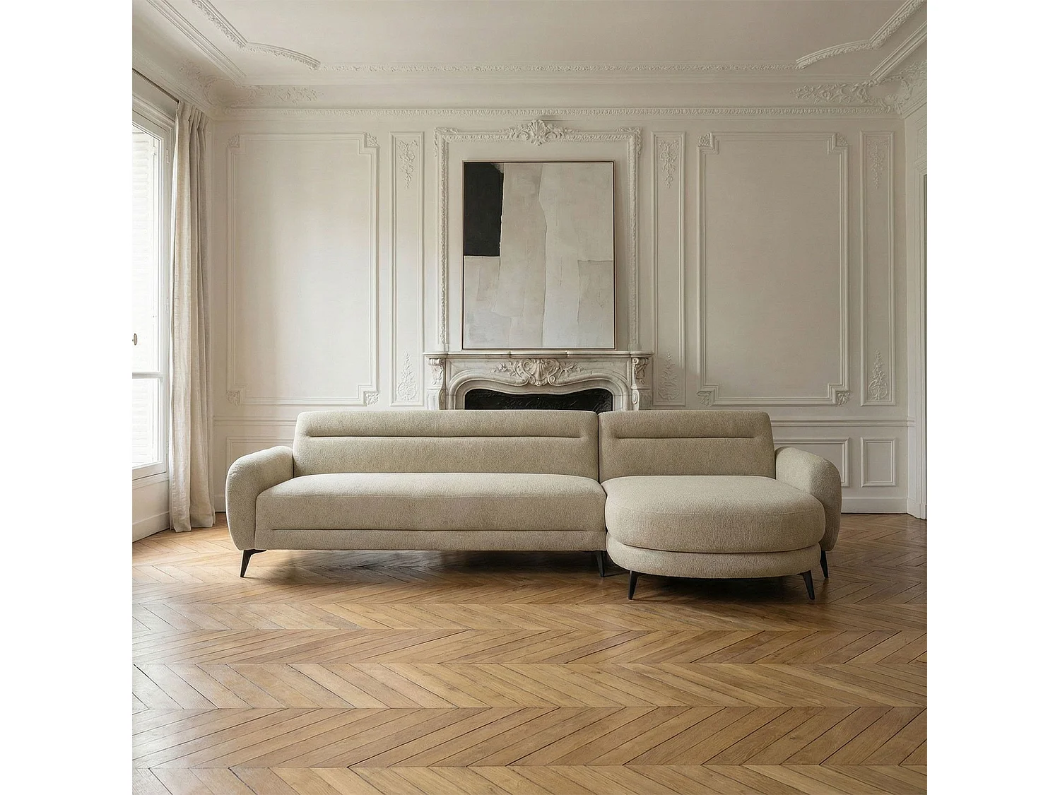 Canapé d'angle convertible avec méridienne arrondie Milord Tissu texturé taupe