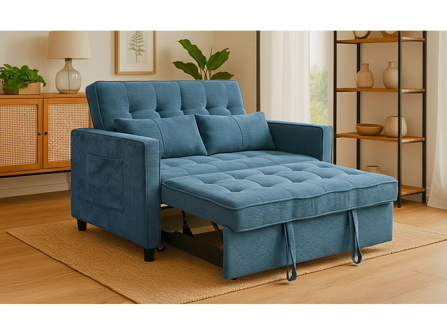 Canapé convertible 2 places Komaria Velours côtelé Bleu