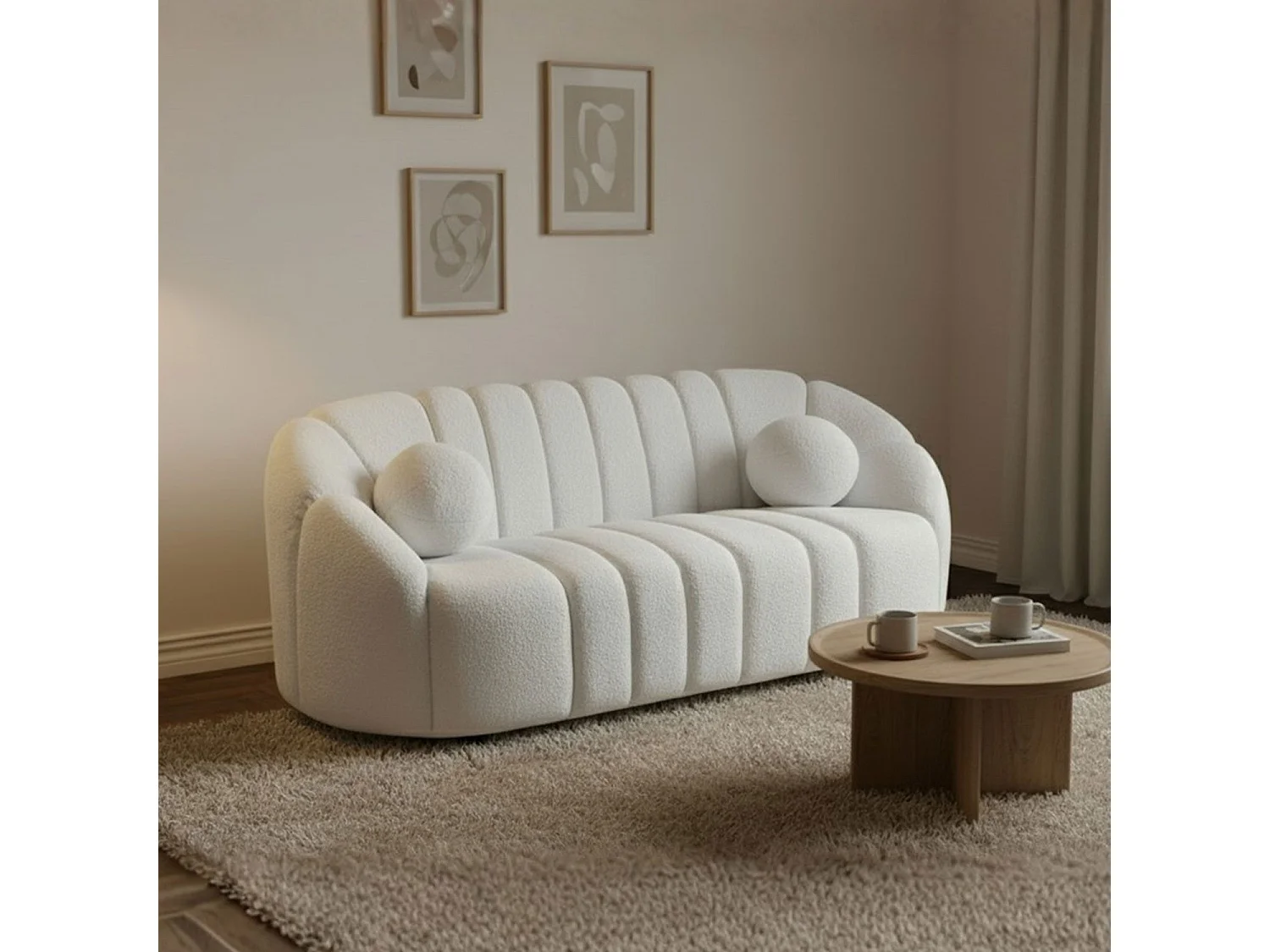 Canapé 3 places design Sidonie Tissu bouclette Blanc