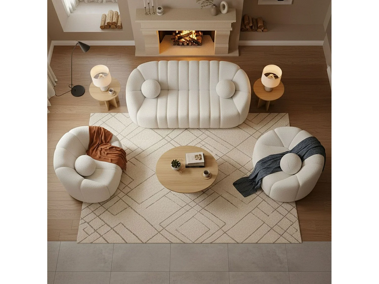 Canapé 3 places design Sidonie Tissu bouclette Blanc