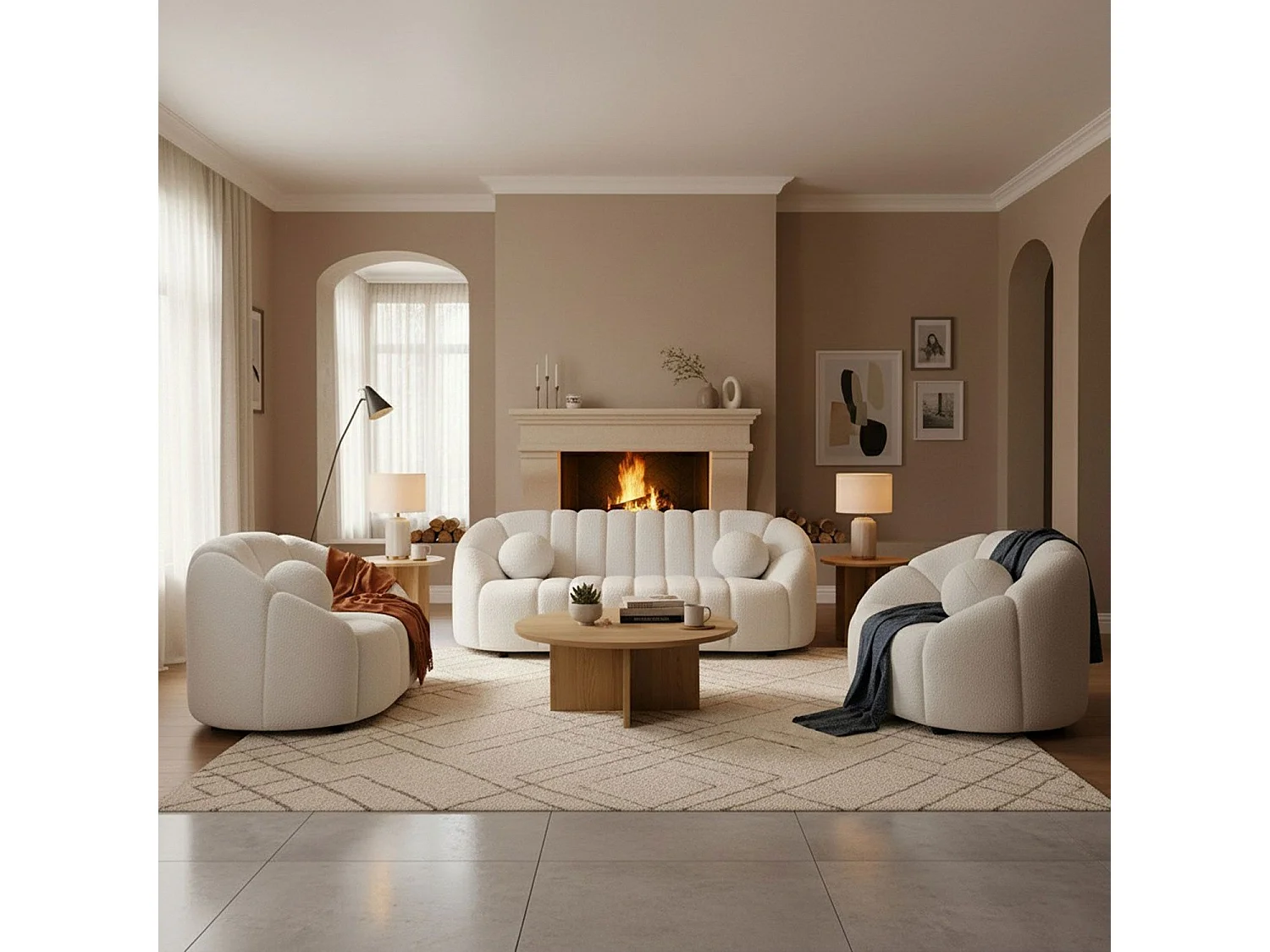 Canapé 3 places design Sidonie Tissu bouclette Blanc