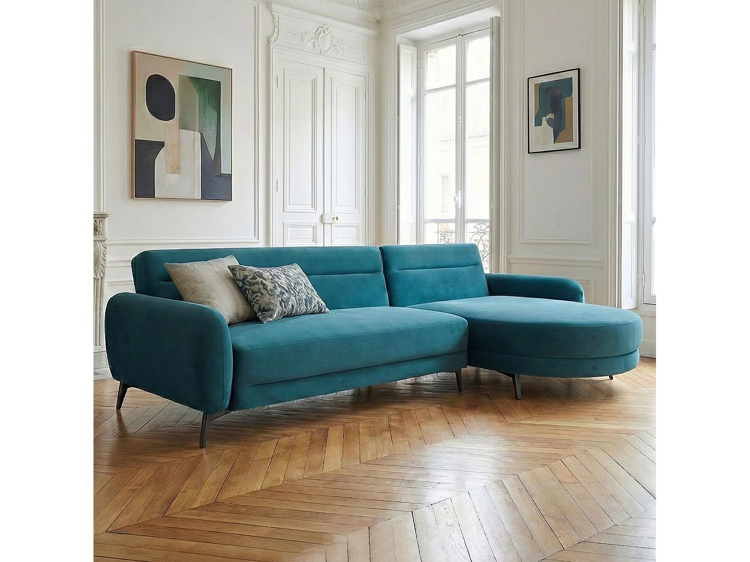 Canapé d'angle convertible avec méridienne arrondie Milord Velours Bleu canard