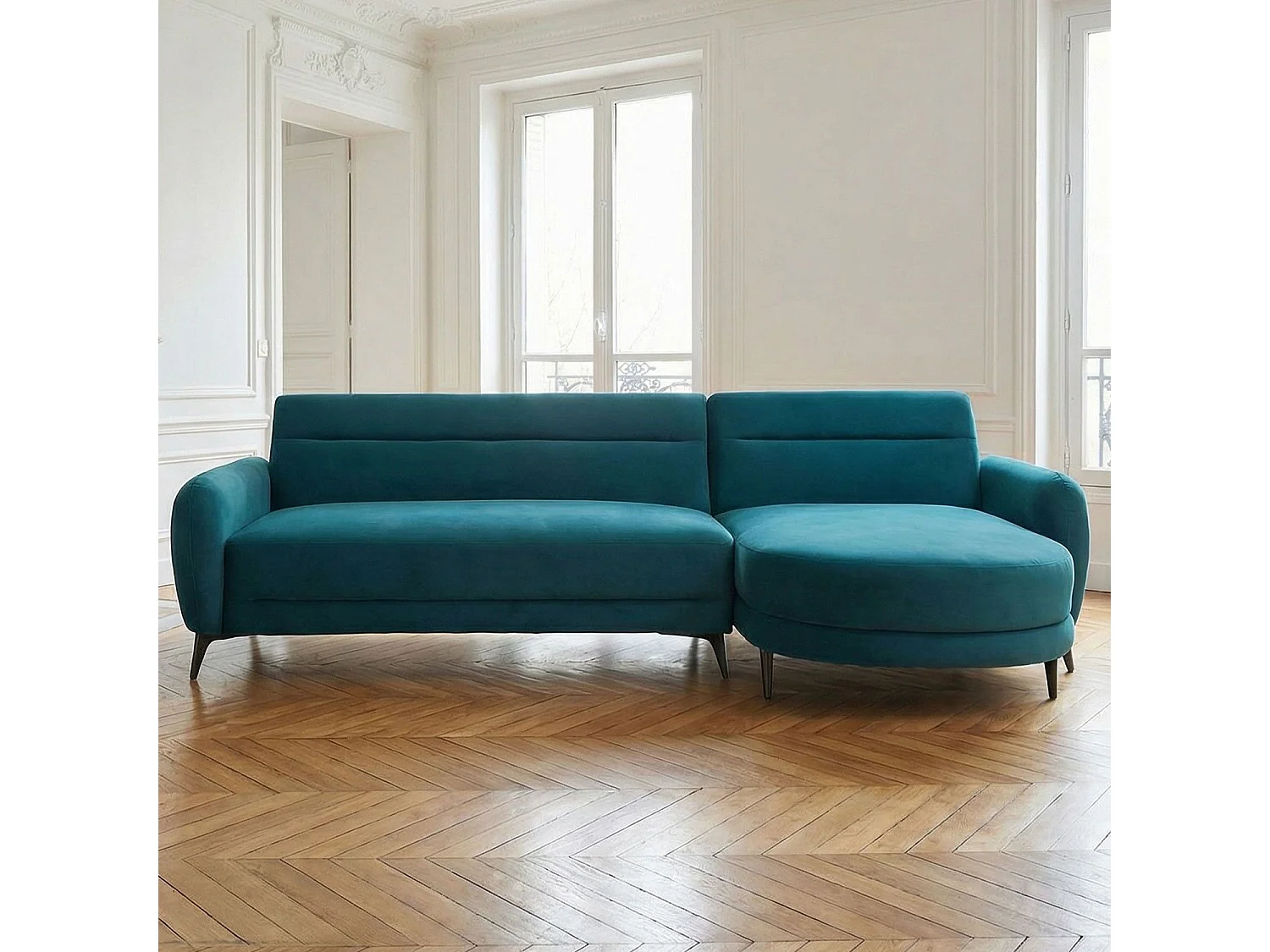 Canapé d'angle convertible avec méridienne arrondie Milord Velours Bleu canard