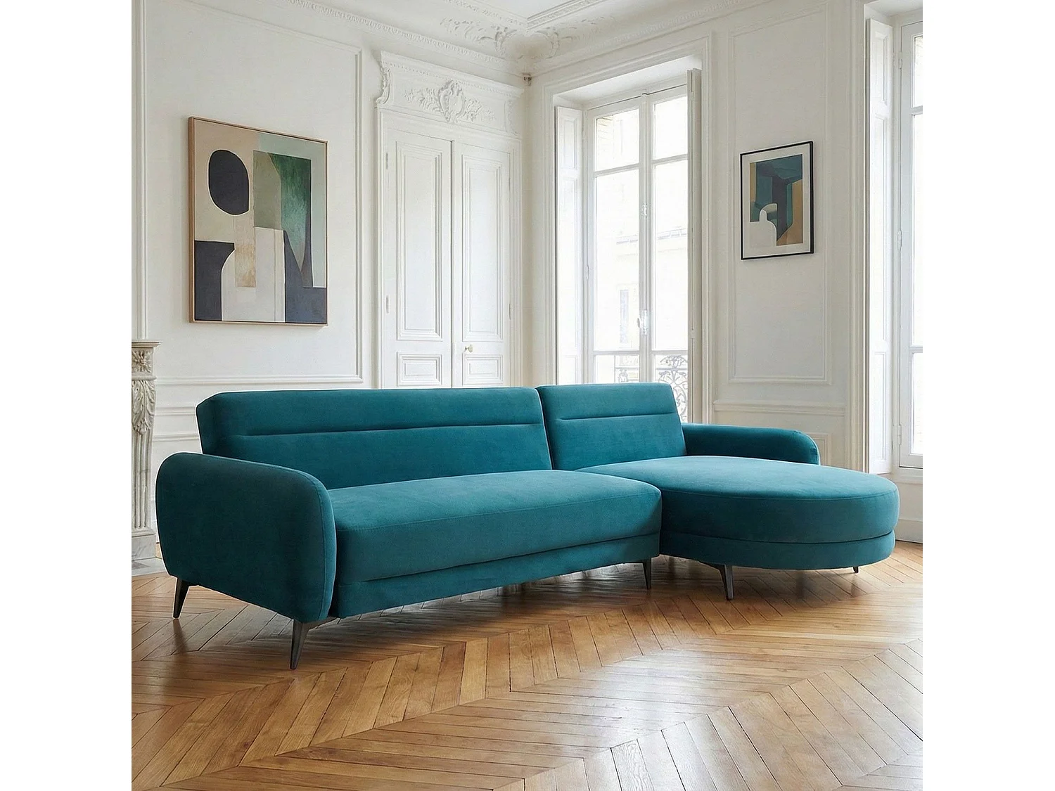 Canapé d'angle convertible avec méridienne arrondie Milord Velours Bleu canard
