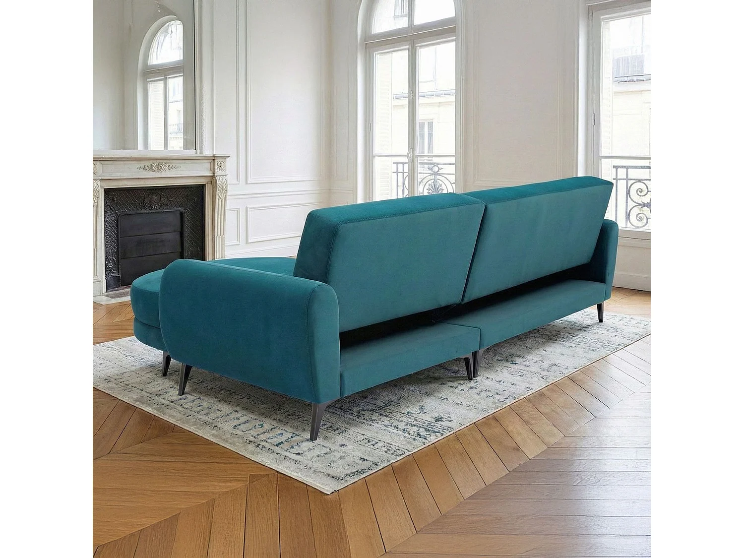 Canapé d'angle convertible avec méridienne arrondie Milord Velours Bleu canard