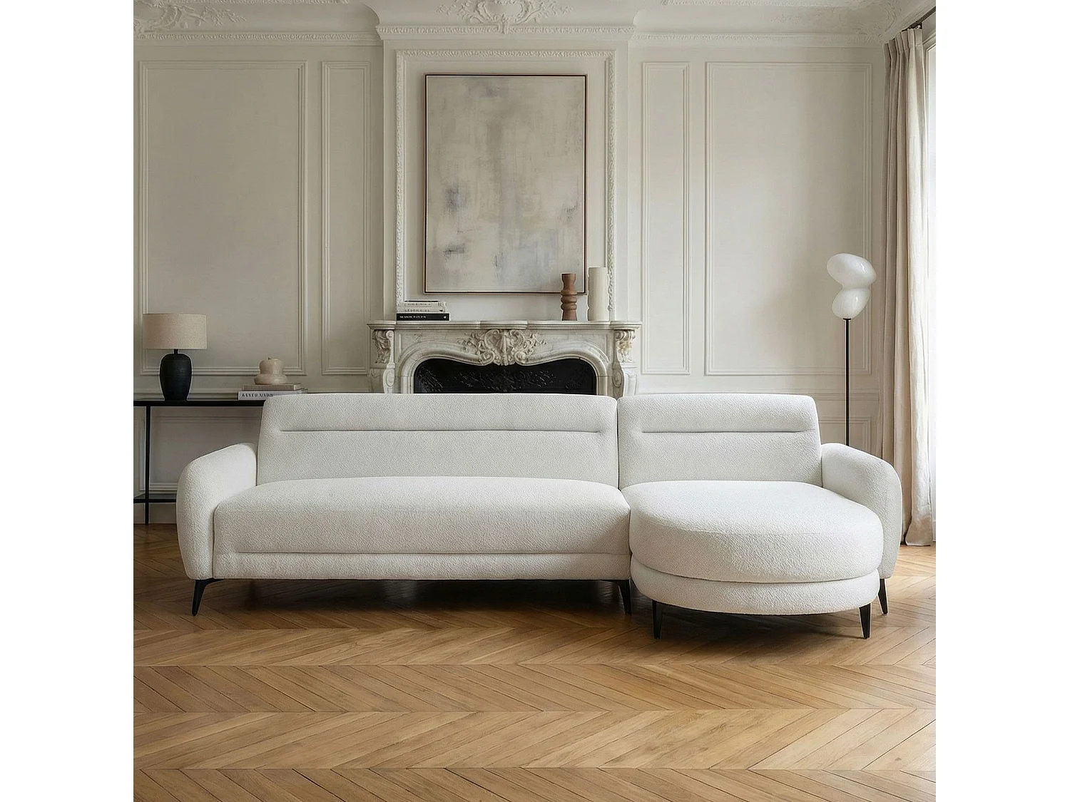 Canapé d'angle convertible avec méridienne arrondie Milord Tissu texturé Crème