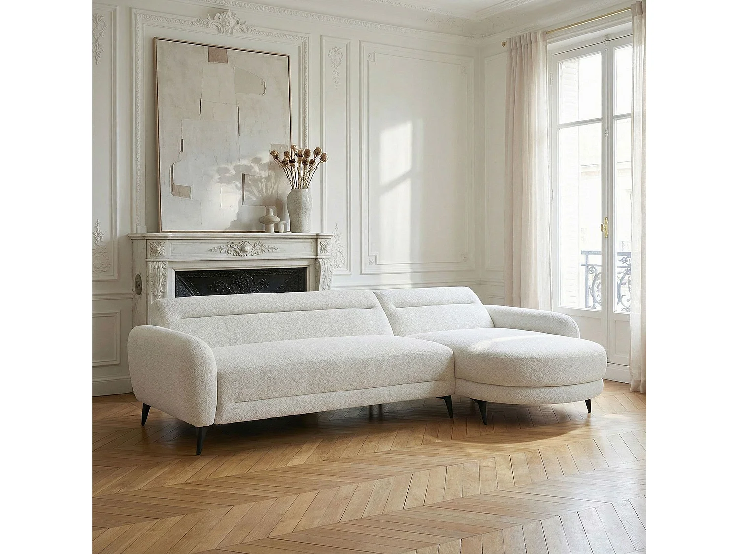 Canapé d'angle convertible avec méridienne arrondie Milord Tissu texturé Crème