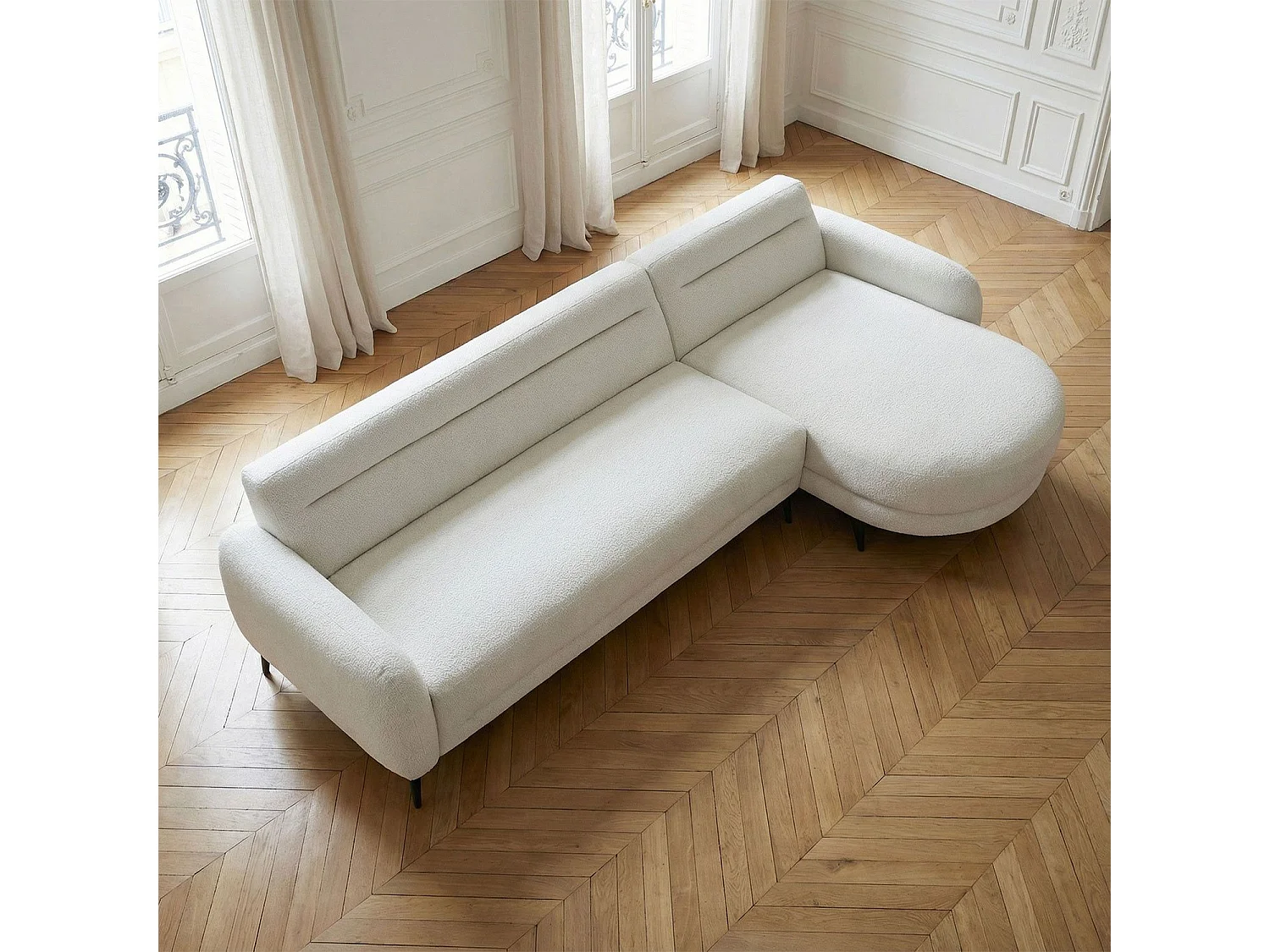 Canapé d'angle convertible avec méridienne arrondie Milord Tissu texturé Crème