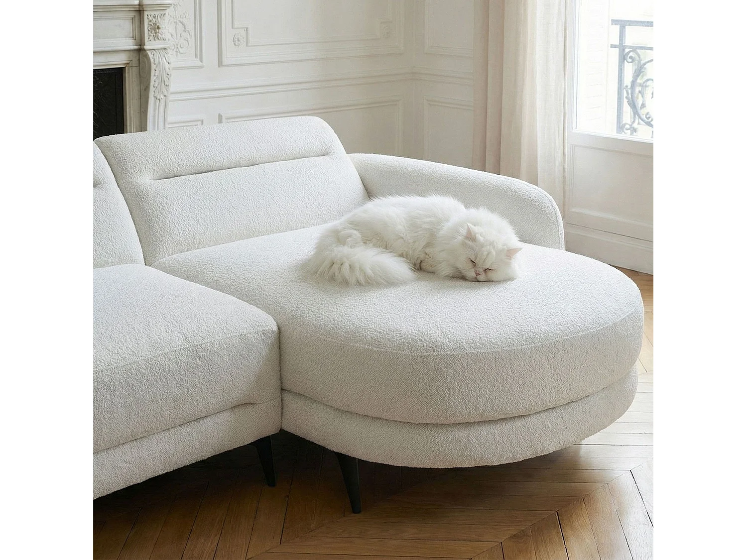 Canapé d'angle convertible avec méridienne arrondie Milord Tissu texturé Crème
