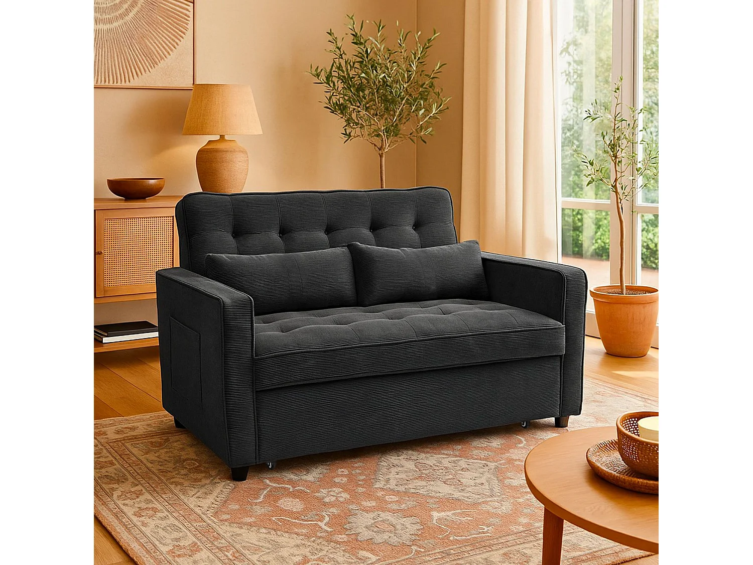 Canapé convertible 2 places Komaria Velours côtelé Noir