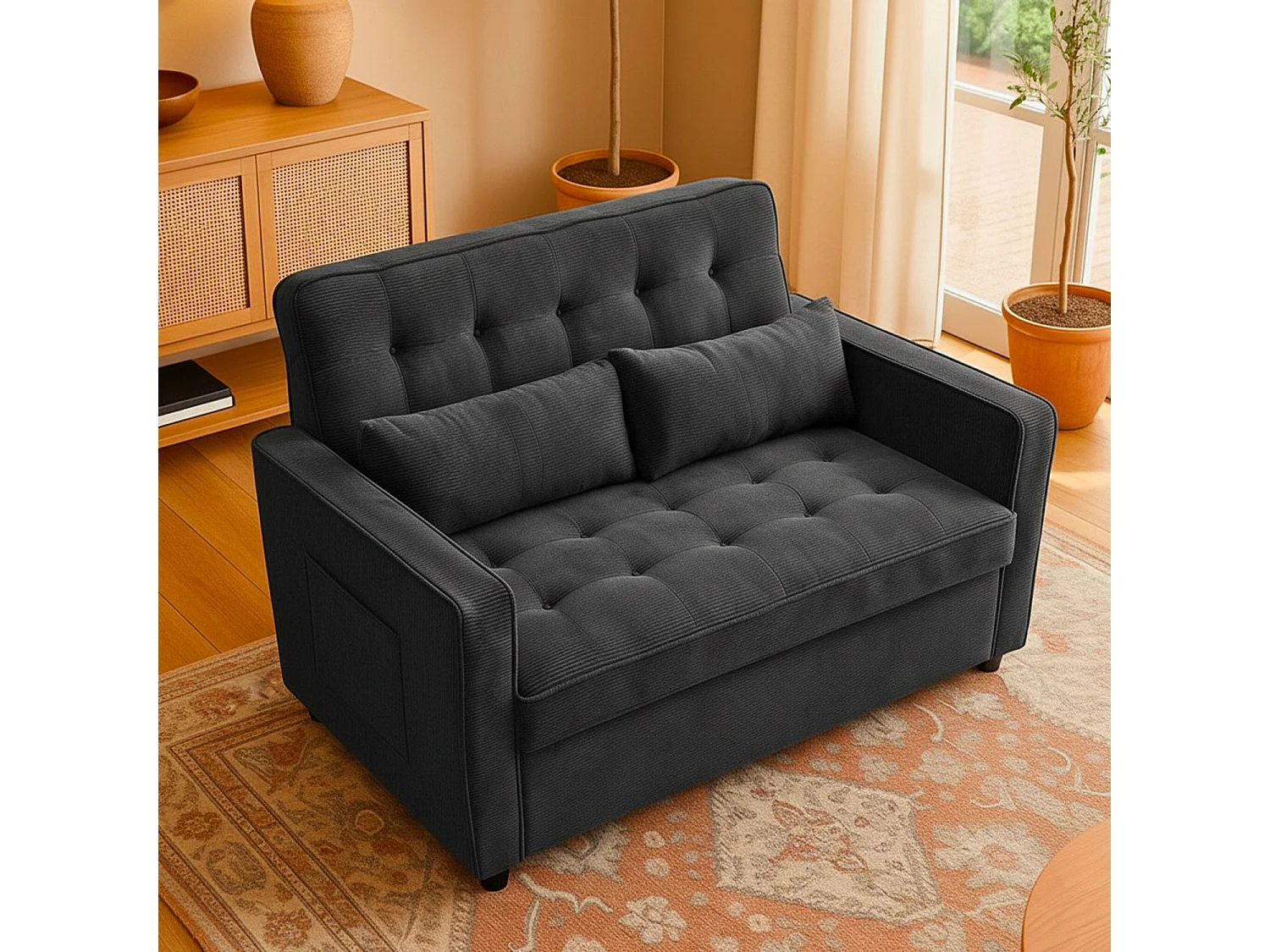 Canapé convertible 2 places Komaria Velours côtelé Noir