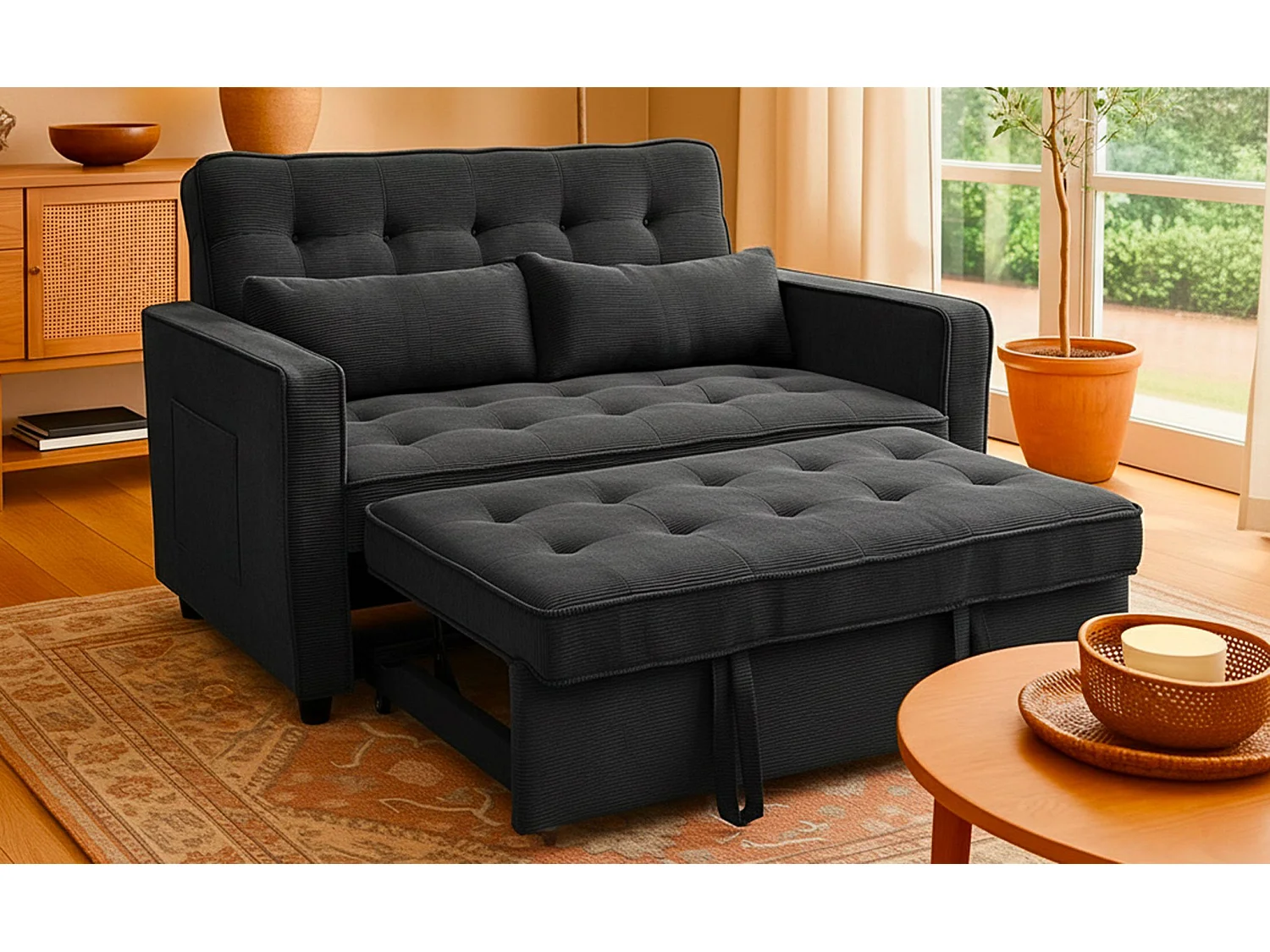 Canapé convertible 2 places Komaria Velours côtelé Noir