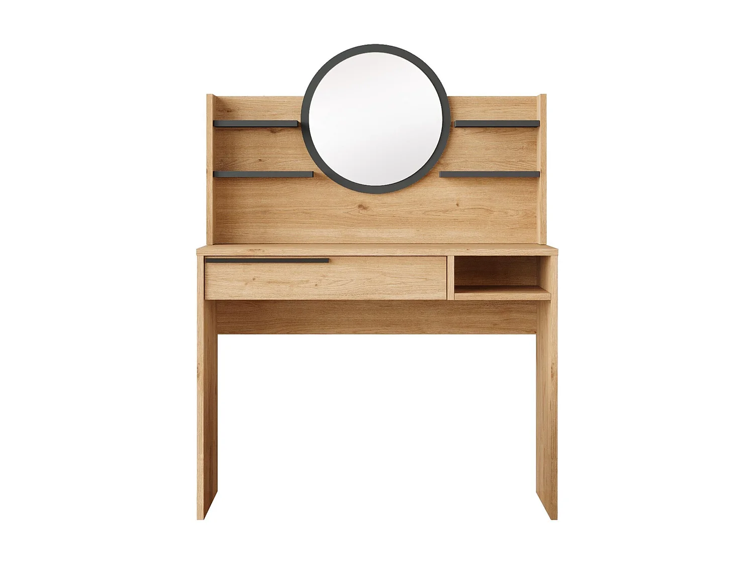 Coiffeuse à tiroir L100cm avec étagères et miroir rond Onara Bois et Gris