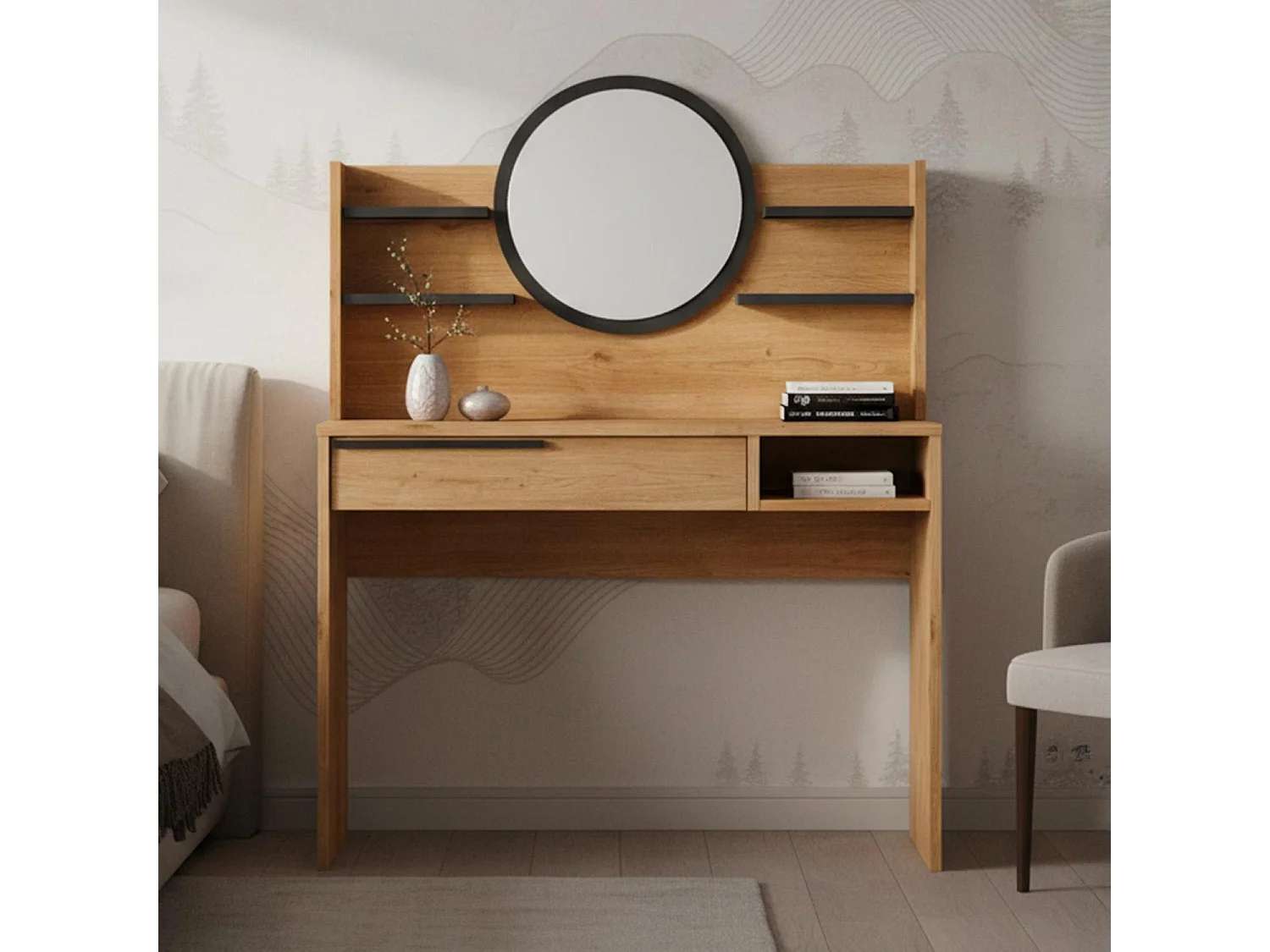 Coiffeuse à tiroir L100cm avec étagères et miroir rond Onara Bois et Gris